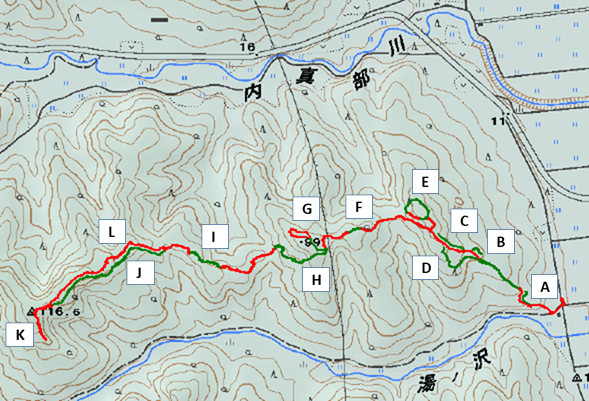 湯ノ沢館跡と西方山城遺構の位置図 湯ノ沢館跡と西方山城遺構の位置図