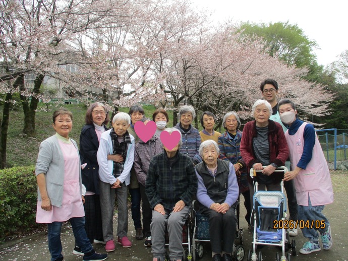 桜の下で入居者と職員が集合写真。春の外出行事の風景。